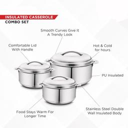 N-DURAAStainless Steel Casserole Set/Set Includes 1000ml 1500ml 2500ml / PUF Insulated Hot Pot/Hot Pot for Rice, Gravy, Curry/Hot Boxes for Kitchen/Hot Pot Set/Gift Set of 3