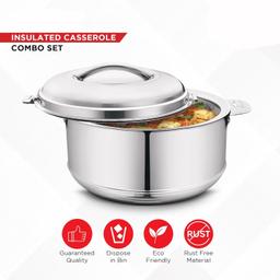 N-DURAAStainless Steel Casserole Set/Set Includes 1000ml 1500ml 2500ml / PUF Insulated Hot Pot/Hot Pot for Rice, Gravy, Curry/Hot Boxes for Kitchen/Hot Pot Set/Gift Set of 3