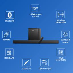 Philips Soundbar TAB5305, Wireless Subwoofer, 2.1 Ch, Bluetooth Enabled, Optical Connectivity,