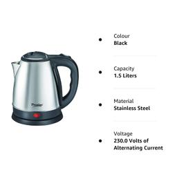 Prestige 1.5 Litres Electric Kettle (PKOSS 1.5)|1500W | Silver - Black| Automatic Cut-off | Stainless Steel