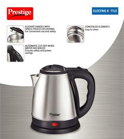 Prestige 1.5 Litres Electric Kettle (PKOSS 1.5)|1500W | Silver - Black| Automatic Cut-off | Stainless Steel