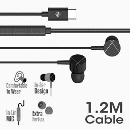 ZEBRONICS Zeb-Buds C2 in Ear Type C Wired Earphones with Mic, Braided 1.2 Metre Cable, Metallic Design, 10mm Drivers, in Line Mic & Volume Controller (Black)