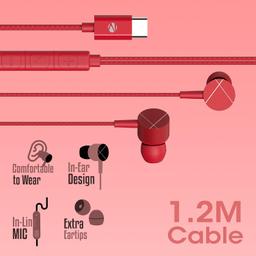 ZEBRONICS Zeb-Buds C2 in Ear Type C Wired Earphones with Mic, Braided 1.2 Metre Cable, Metallic Design, 10mm Drivers, in Line Mic & Volume Controller (Red)