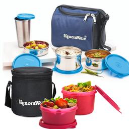 Signoraware Best Stainless-Steel Lunch Box Set 4 with Bag & Signoraware Executive Small Lunch Box (with Bag)