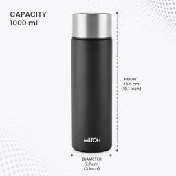 MILTON Glide 1000 Stainless Steel Water Bottle, 1 Litre, Black, Single walled, Leak Proof, Easy Grip, Easy to Carry, Light Weight, Home, Kitchen, Travel Bottle