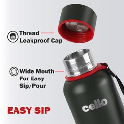 Cello Duro Kent Thermosteel Water Bottle 900ml, Military Green | ISI Certified | 24 Hours Hot & Cold Flask | Double Walled Vacuum Insulated Bottle