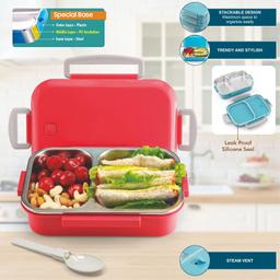 Signora Ware Eat-Up Stainless Steel Lunch Box for Kids Adults, Puf Insulation Keeps Food Warm, Food Grade Bpa Free, 2 Compartments with Locking Lid and Steam Valve, Spill Leak Proof (750Ml Red)