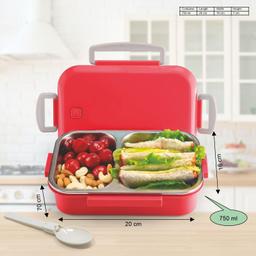 Signora Ware Eat-Up Stainless Steel Lunch Box for Kids Adults, Puf Insulation Keeps Food Warm, Food Grade Bpa Free, 2 Compartments with Locking Lid and Steam Valve, Spill Leak Proof (750Ml Red)