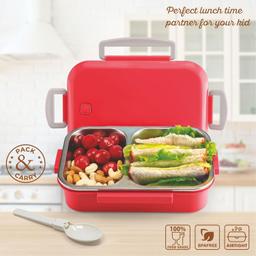 Signora Ware Eat-Up Stainless Steel Lunch Box for Kids Adults, Puf Insulation Keeps Food Warm, Food Grade Bpa Free, 2 Compartments with Locking Lid and Steam Valve, Spill Leak Proof (750Ml Red)