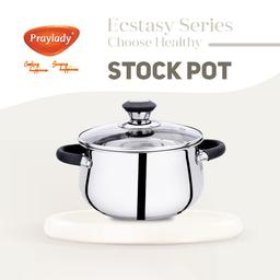 Praylady Stainless Steel Stock Pot with Glass Lid Ecstasy Series 3 Ply Base Stock Pot, Size - 18 cm, Capacity - 2.8 litre, Silver.