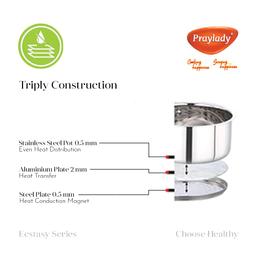 Praylady Stainless Steel Stock Pot with Glass Lid Ecstasy Series 3 Ply Base Stock Pot, Size - 18 cm, Capacity - 2.8 litre, Silver.