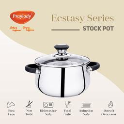 Praylady Stainless Steel Stock Pot with Glass Lid Ecstasy Series 3 Ply Base Stock Pot, Size - 18 cm, Capacity - 2.8 litre, Silver.