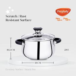 Praylady Stainless Steel Stock Pot with Glass Lid Ecstasy Series 3 Ply Base Stock Pot, Size - 18 cm, Capacity - 2.8 litre, Silver.