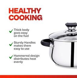 Praylady Stainless Steel Stock Pot with Glass Lid Ecstasy Series 3 Ply Base Stock Pot, Size - 18 cm, Capacity - 2.8 litre, Silver.