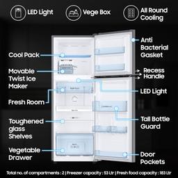 Samsung 236 L, 3 Star, Digital Inverter, Frost Free Double Door Refrigerator (RT28C3053S8/HL, Silver, Elegant Inox, 2024 Model)