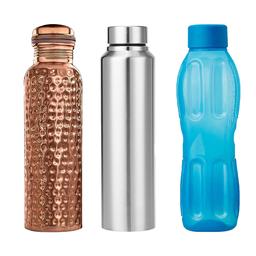 Pure Copper Water Bottle Hammered 900ml & Stainless Steel Water Bottle 1000ml with SIGNORAWARE 1000ml Aqua Fresh BPA Free Plastic Water Bottle,(Set of 3)