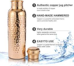 Pure Copper Water Bottle Hammered 900ml & Stainless Steel Water Bottle 1000ml with SIGNORAWARE 1000ml Aqua Fresh BPA Free Plastic Water Bottle,(Set of 3)