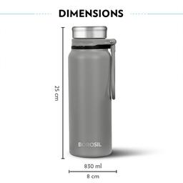 Borosil Hydra Aquafit 830 ml Grey Stainless Steel Water Bottle | Double Wall Vacuum Insulated Thermo Flask | 14 hrs Hot & 16 hrs Cold | Leakproof, Wide Mouth, Strap | Bottle for Gym, Office, School