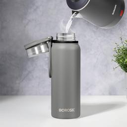 Borosil Hydra Aquafit 830 ml Grey Stainless Steel Water Bottle | Double Wall Vacuum Insulated Thermo Flask | 14 hrs Hot & 16 hrs Cold | Leakproof, Wide Mouth, Strap | Bottle for Gym, Office, School