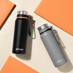 Borosil Hydra Aquafit 830 ml Grey Stainless Steel Water Bottle | Double Wall Vacuum Insulated Thermo Flask | 14 hrs Hot & 16 hrs Cold | Leakproof, Wide Mouth, Strap | Bottle for Gym, Office, School