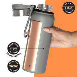 Borosil Hydra Aquafit 830 ml Grey Stainless Steel Water Bottle | Double Wall Vacuum Insulated Thermo Flask | 14 hrs Hot & 16 hrs Cold | Leakproof, Wide Mouth, Strap | Bottle for Gym, Office, School