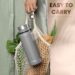 Borosil Hydra Aquafit 830 ml Grey Stainless Steel Water Bottle | Double Wall Vacuum Insulated Thermo Flask | 14 hrs Hot & 16 hrs Cold | Leakproof, Wide Mouth, Strap | Bottle for Gym, Office, School