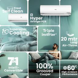 Haier 1.5 Ton 5 Star Triple Inverter Split AC (4850 W, Copper, 7 in 1 Convertible, 4-Way Swing, Frost Self Clean, HD Filter, Cools at 60°C, 20 Mtr. Air Throw - HSU18K-PYSS5BN-INV, White)