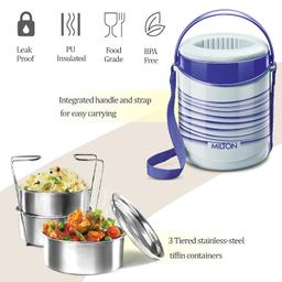 MILTON Econa Deluxe 3 Stainless Steel Containers with Steam Vent 260 ml Each, PU Insulated, Hot & Cold Leak-Proof Lunch Box for Office, College, Picnic, Blue