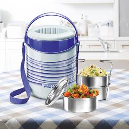 MILTON Econa Deluxe 3 Stainless Steel Containers with Steam Vent 260 ml Each, PU Insulated, Hot & Cold Leak-Proof Lunch Box for Office, College, Picnic, Blue