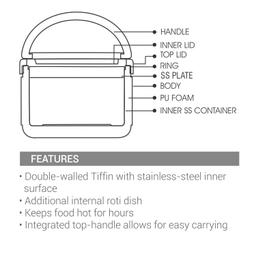 MILTON New Big Bite Insulated Inner Stainless Steel Tiffin Box with Additional Plate and handle, 900 ml, Brown| BPA Free | Food Grade | Easy to Carry | Easy to Clean