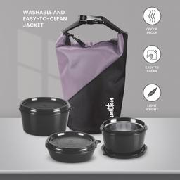 MILTON Micro Meal Lunch Box, 3 Microwave Safe Inner Steel Round Containers (180 ml, 2 X 320 ml Each) with Insulated Bag, Odour Proof Tiffin for Office, Leak-Proof, Easy to Carry, Purple
