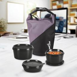 MILTON Micro Meal Lunch Box, 3 Microwave Safe Inner Steel Round Containers (180 ml, 2 X 320 ml Each) with Insulated Bag, Odour Proof Tiffin for Office, Leak-Proof, Easy to Carry, Purple