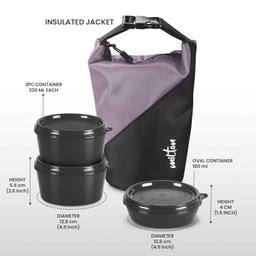 MILTON Micro Meal Lunch Box, 3 Microwave Safe Inner Steel Round Containers (180 ml, 2 X 320 ml Each) with Insulated Bag, Odour Proof Tiffin for Office, Leak-Proof, Easy to Carry, Purple