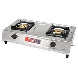 N-DURAA Solid Stainless Steel 2 Brass Burner Gas Stove Cooktop LPG Chulha Manual Ignition ISI Certified Silver.