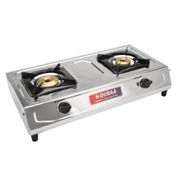 N-DURAA Solid Stainless Steel 2 Brass Burner Gas Stove Cooktop LPG Chulha Manual Ignition ISI Certified Silver.