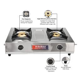 N-DURAA Solid Stainless Steel 2 Brass Burner Gas Stove Cooktop LPG Chulha Manual Ignition ISI Certified Silver.