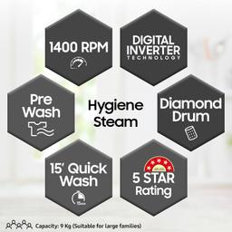 Samsung 9 kg, Hygiene Steam with Inbuilt Heater, Digital Inverter, Fully-Automatic Front Load Washing Machine,