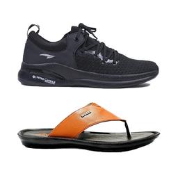 Asian Brand Men's Creta-12 Laced Sports Shoes (F.Black) & ASIAN Men's Casual Walking Lightweight Design Chappal (Combo Pack Of 2)