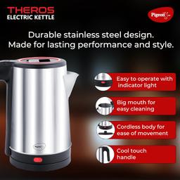 Pigeon by Stovekraft Theros Electric Kettle with Stainless Steel Body, 1.7 litre, used for boiling Water, making tea and coffee, instant noodles, soup etc. (Silver)