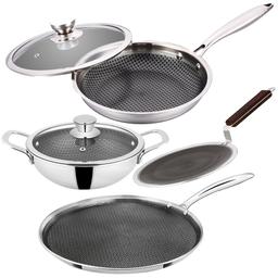 N-Duraa Triply Stainless Steel Honey Comb Set of 4 with Glass Lid (Fry Pan 220 MM + Kadai 240 MM + Concave tawa 250mm + Dosa Tawa 290mm ) + Free Card