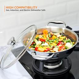 N-Duraa Heavy Thickness Triply Stainless Steel Honey comb Surface Kadai 220mm with Glass Lid & Triply 3 Bonded Layer