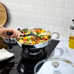 N-Duraa Heavy Thickness Triply Stainless Steel Honey comb Surface Kadai 220mm with Glass Lid & Triply 3 Bonded Layer