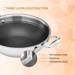 N-Duraa Heavy Thickness Triply Stainless Steel Honey comb Surface Kadai 220mm with Glass Lid & Triply 3 Bonded Layer