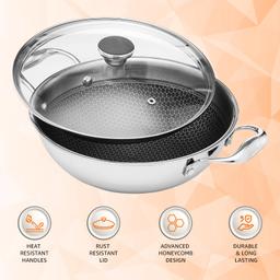 N-Duraa Heavy Thickness Triply Stainless Steel Honey comb Surface Kadai 220mm with Glass Lid & Triply 3 Bonded Layer