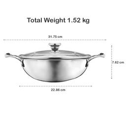 N-Duraa Heavy Thickness Triply Stainless Steel Honey comb Surface Kadai 220mm with Glass Lid & Triply 3 Bonded Layer