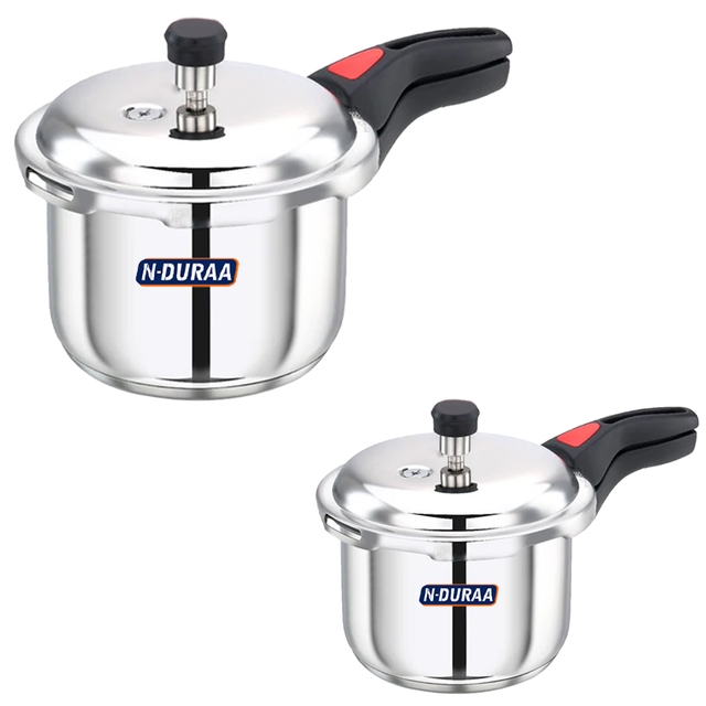N-Duraa Stainless Steel Pressure Cooker with Outer Lid Combo 5ltr and 2ltr