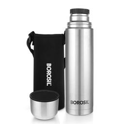 Borosil Hydra Thermo 1000 ml Stainless Steel Water Bottle with Bag | Double Wall Vacuum Insulated Flask | 24 Hours Hot and Cold | Bottle for Office, Gym, School & College (Black)
