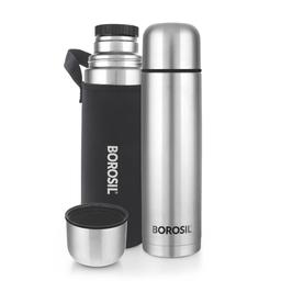 Borosil Hydra Thermo 1000 ml Stainless Steel Water Bottle with Bag | Double Wall Vacuum Insulated Flask | 24 Hours Hot and Cold | Bottle for Office, Gym, School & College (Black)