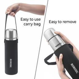 Borosil Hydra Thermo 1000 ml Stainless Steel Water Bottle with Bag | Double Wall Vacuum Insulated Flask | 24 Hours Hot and Cold | Bottle for Office, Gym, School & College (Black)