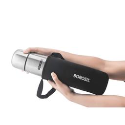 Borosil Hydra Thermo 1000 ml Stainless Steel Water Bottle with Bag | Double Wall Vacuum Insulated Flask | 24 Hours Hot and Cold | Bottle for Office, Gym, School & College (Black)